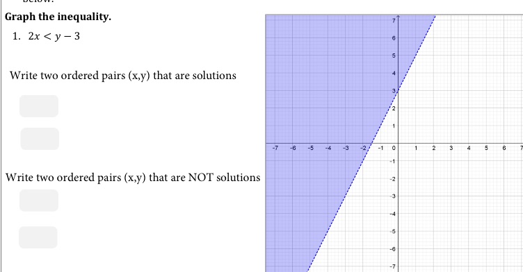 Graph the inequality. 1. 2x < y - 3 A Write two