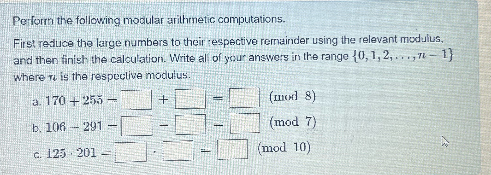 Perform the following modular arithmetic