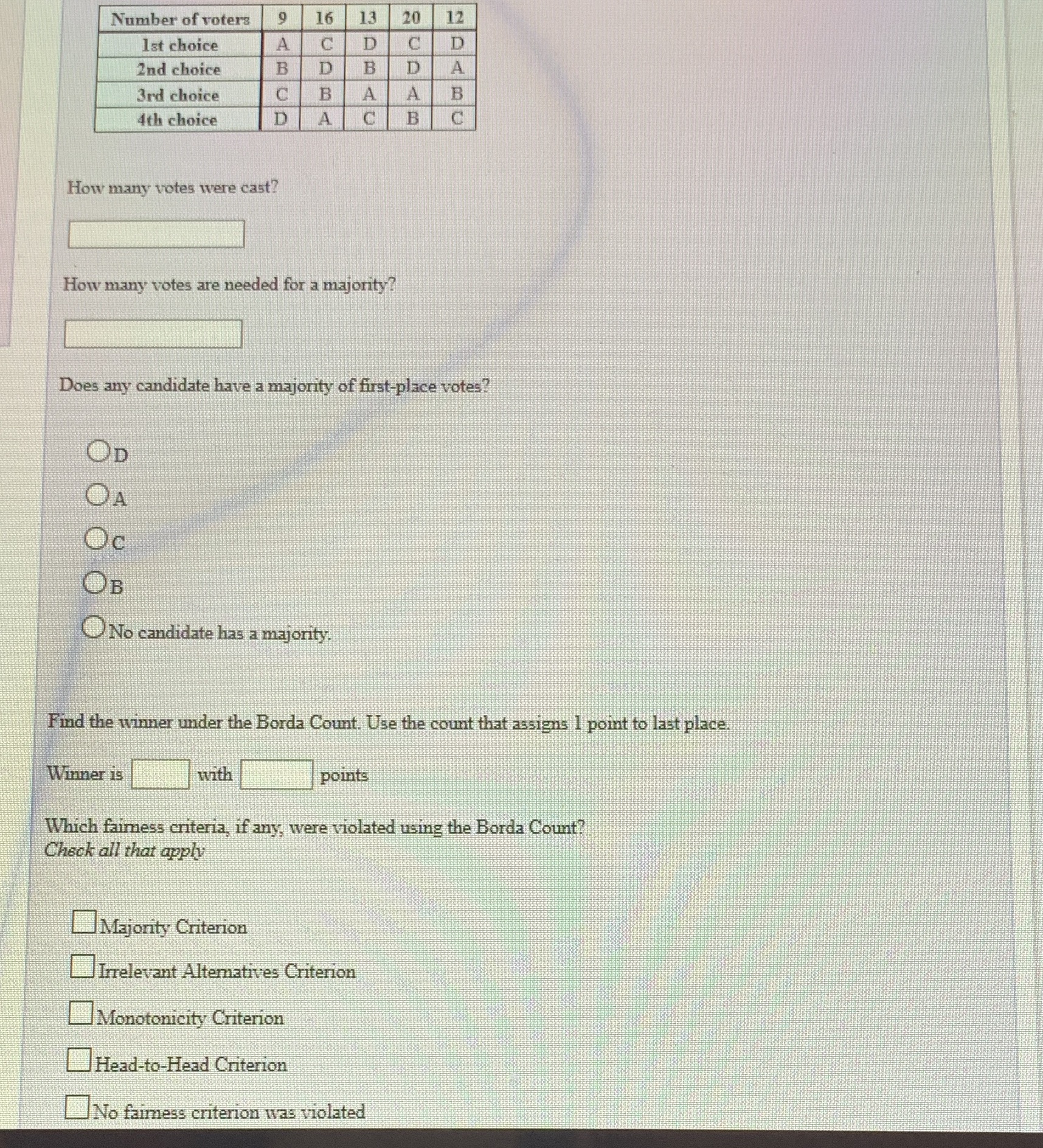 Number of voters 9 16 13 20 12 1st choice A D D