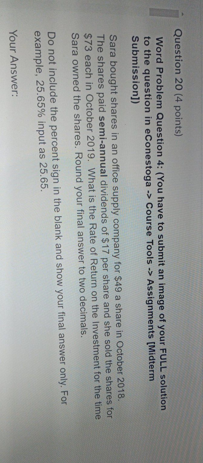 wht is anwer Question 20 (4 points) Word Problem