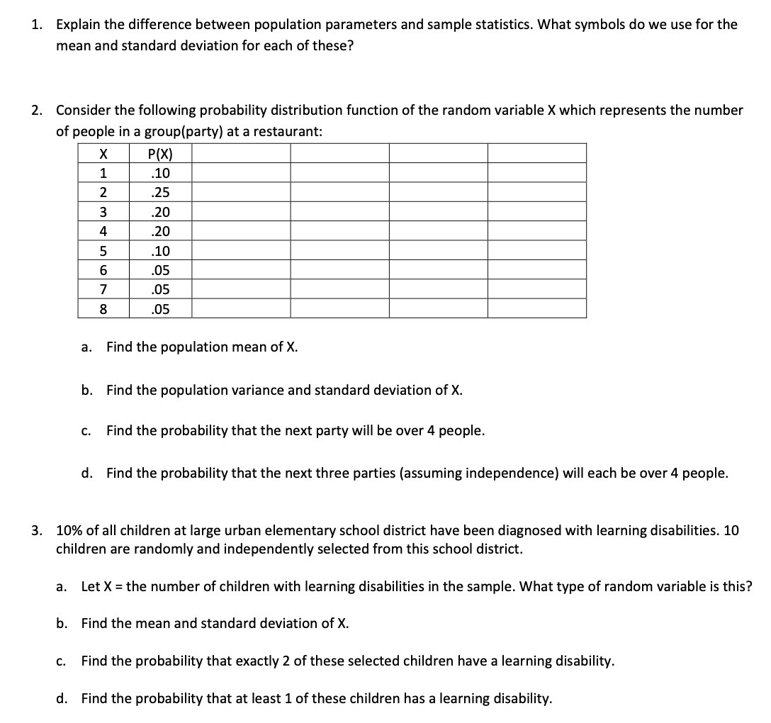 1. Explain the difference between population