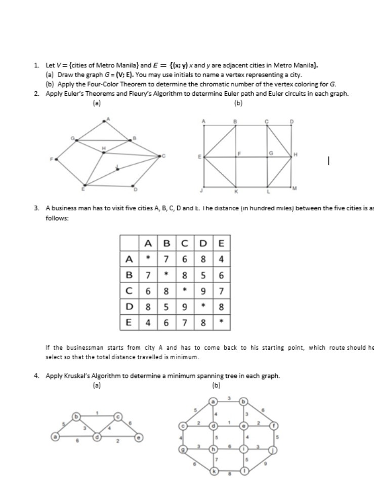 1. Let V= {cities of Metro Manila) and E = {(x;