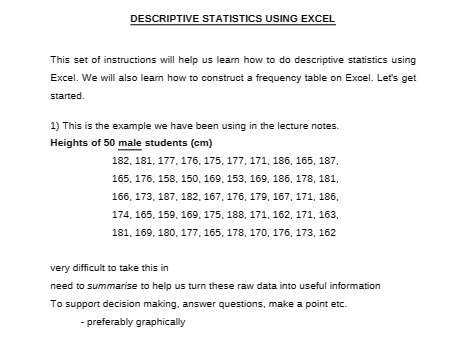 DESCRIPTIVE STATISTICS USING EXCEL This set of