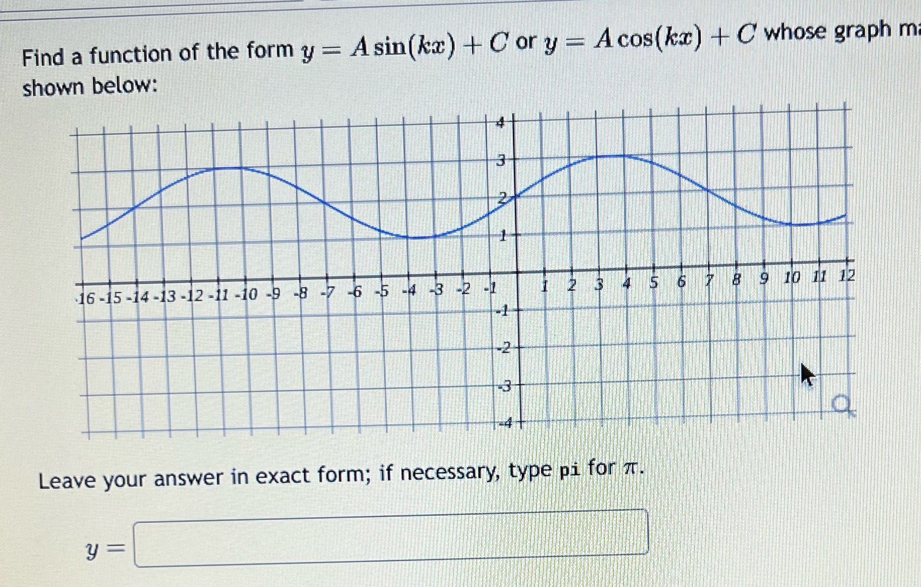Find a function of the form y = Asin(ka) + Cory =