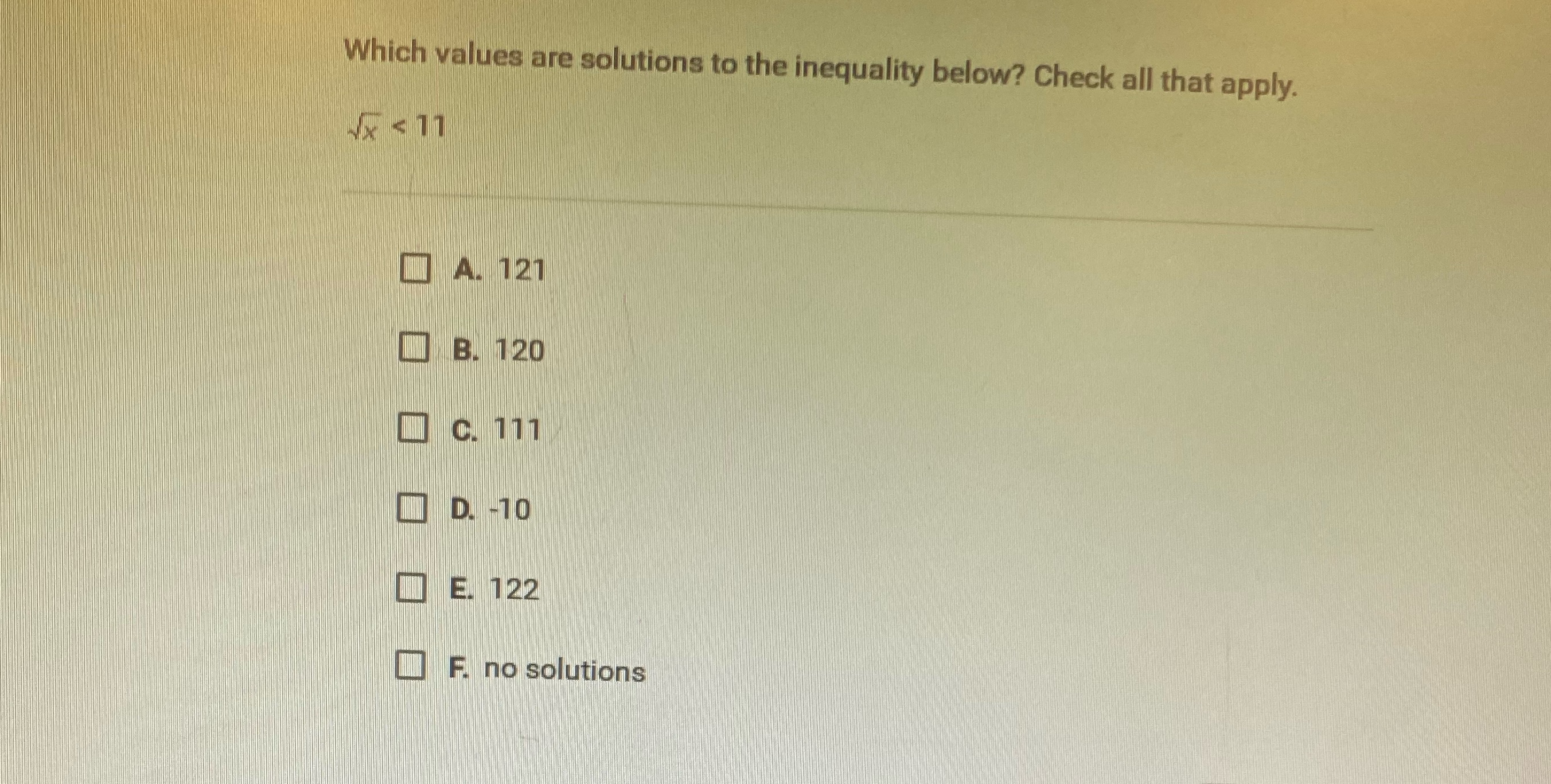 Which values are solutions to the inequality