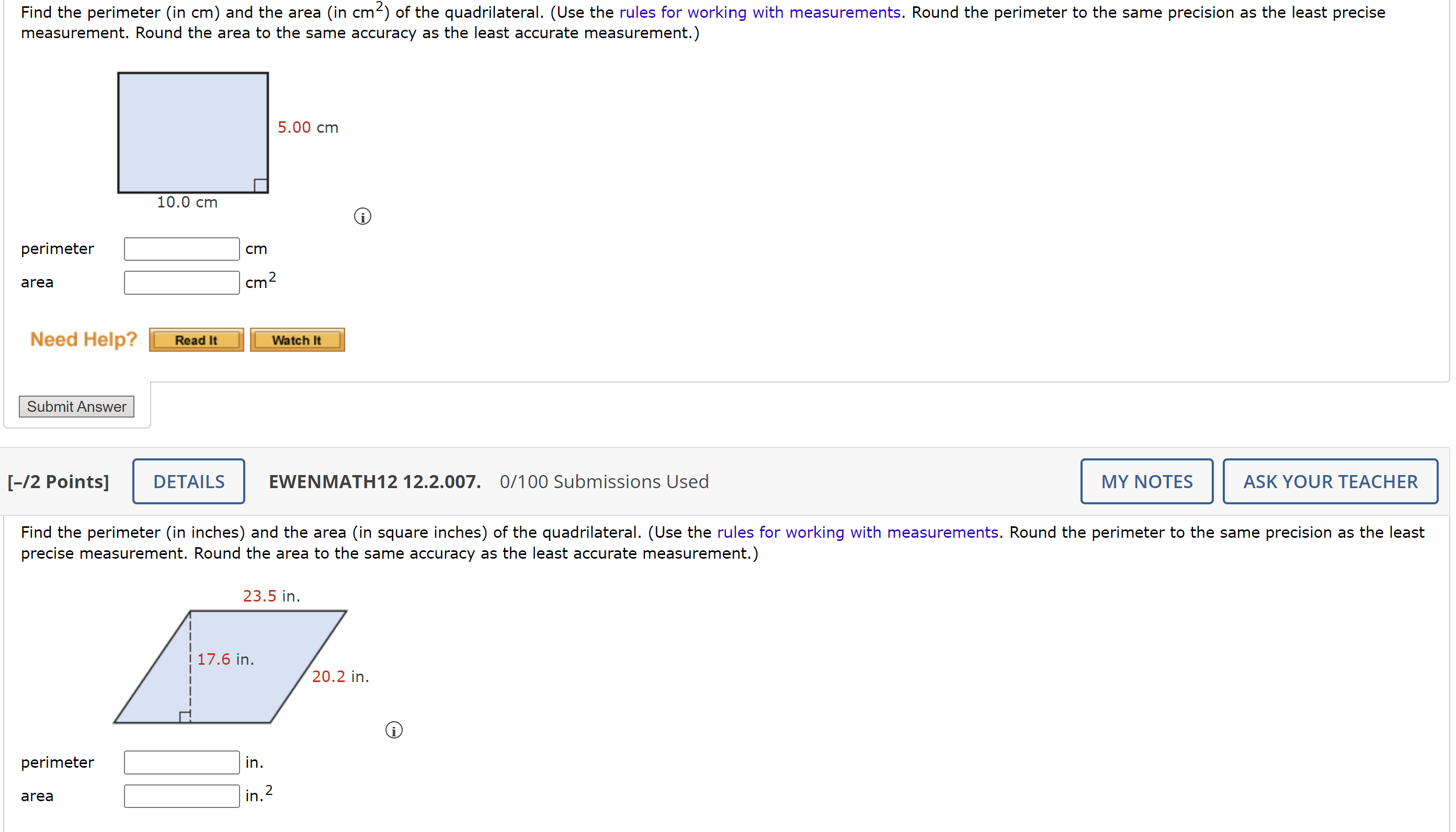 Find the perimeter (in cm) and the area (in cmz)