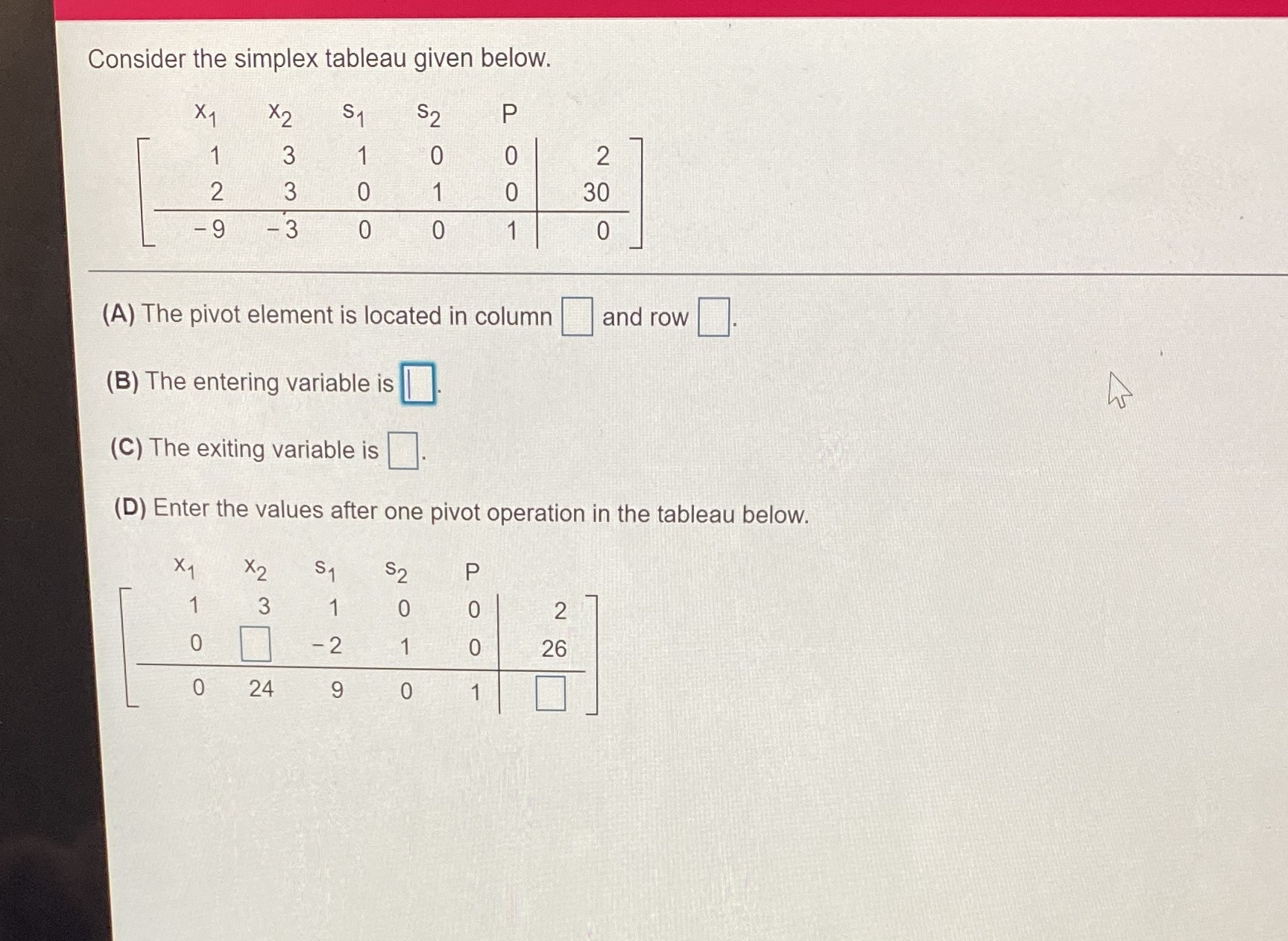 Consider the simplex tableau given below. (A) The