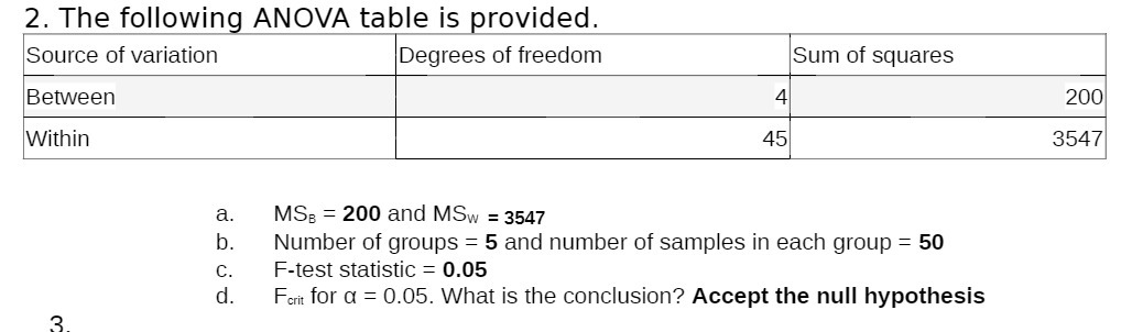 2. The following ANOVA table is provided. Source