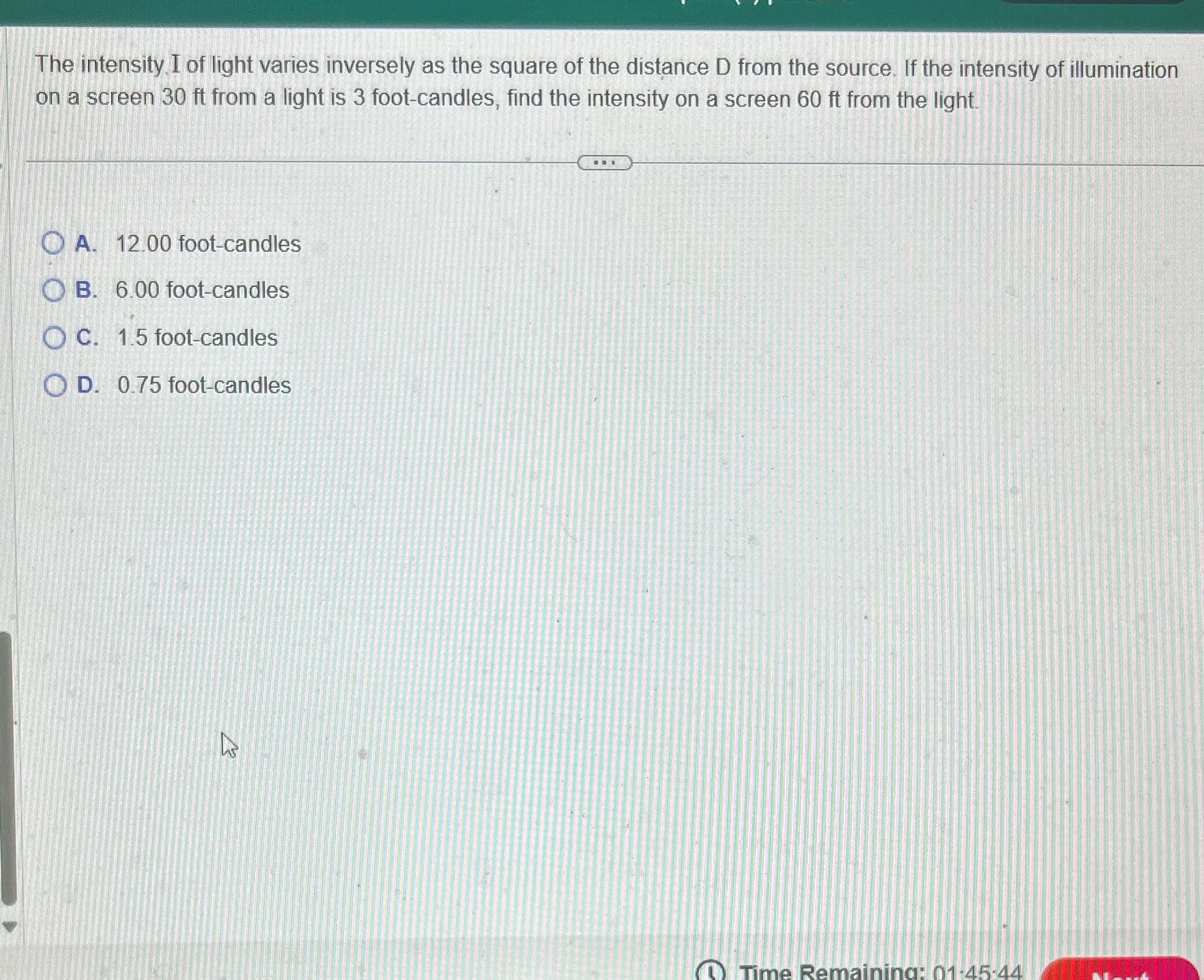 The intensity I of light varies inversely as the