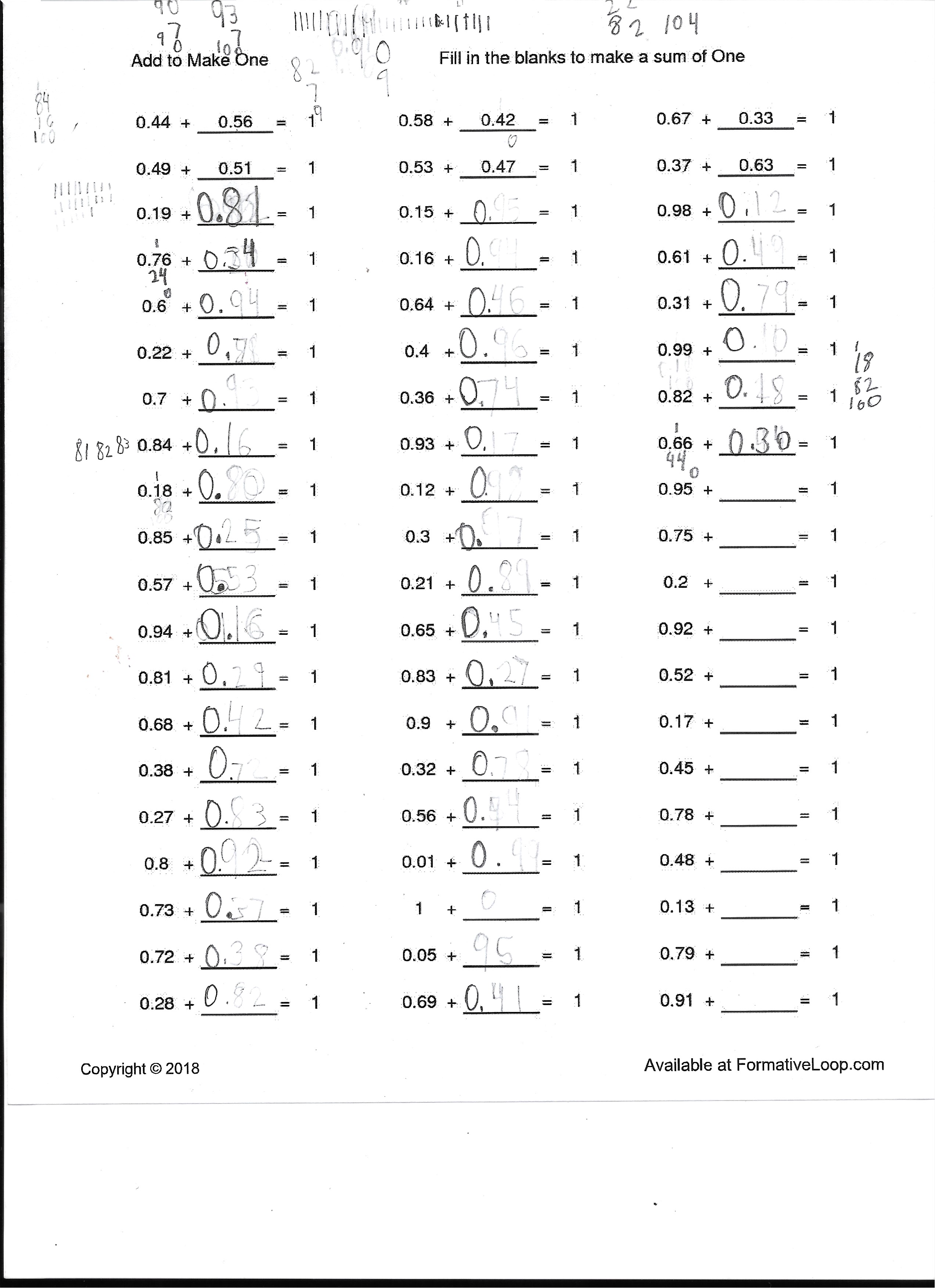 Add to Make One, Fill in the blanks to make a sum