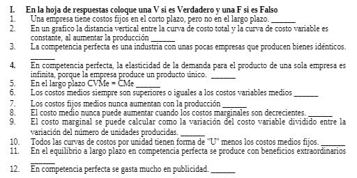 I. En la hoja de respuestas coloque una V si es