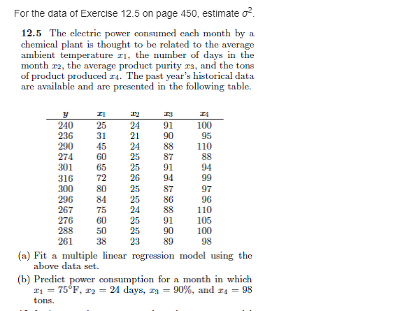Question 1 \fFor the data of Exercise 12.5 on