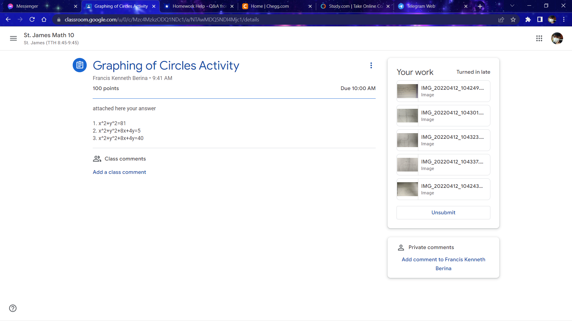 Graphic of Circles Activity 1. x^2+y^2=81 2.