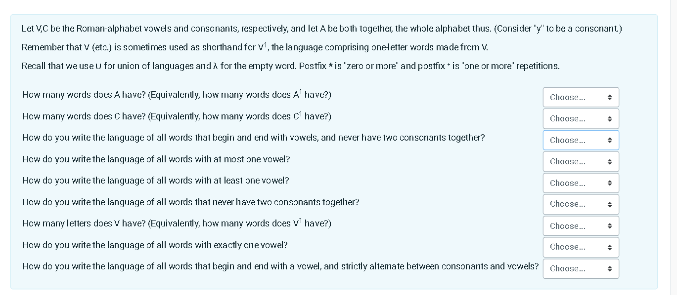 Let V,C be the Roman-alphabet vowels and