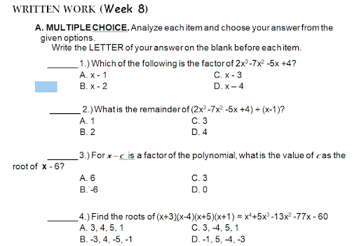 Kindly answer the image given below WRITTEN WORK (Week 8) A. MULTIPLE