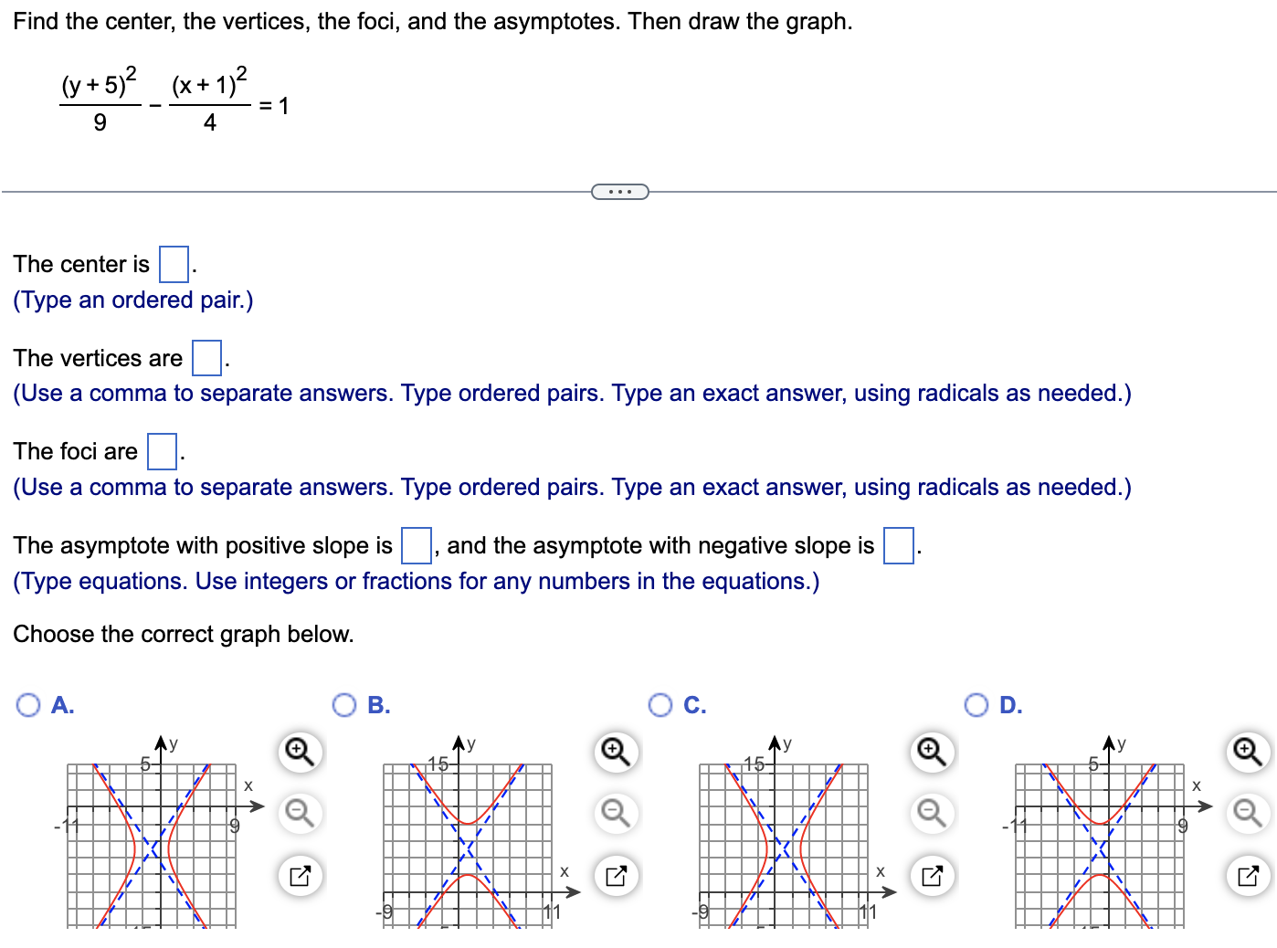Find the center, the vertices, the foci, and the