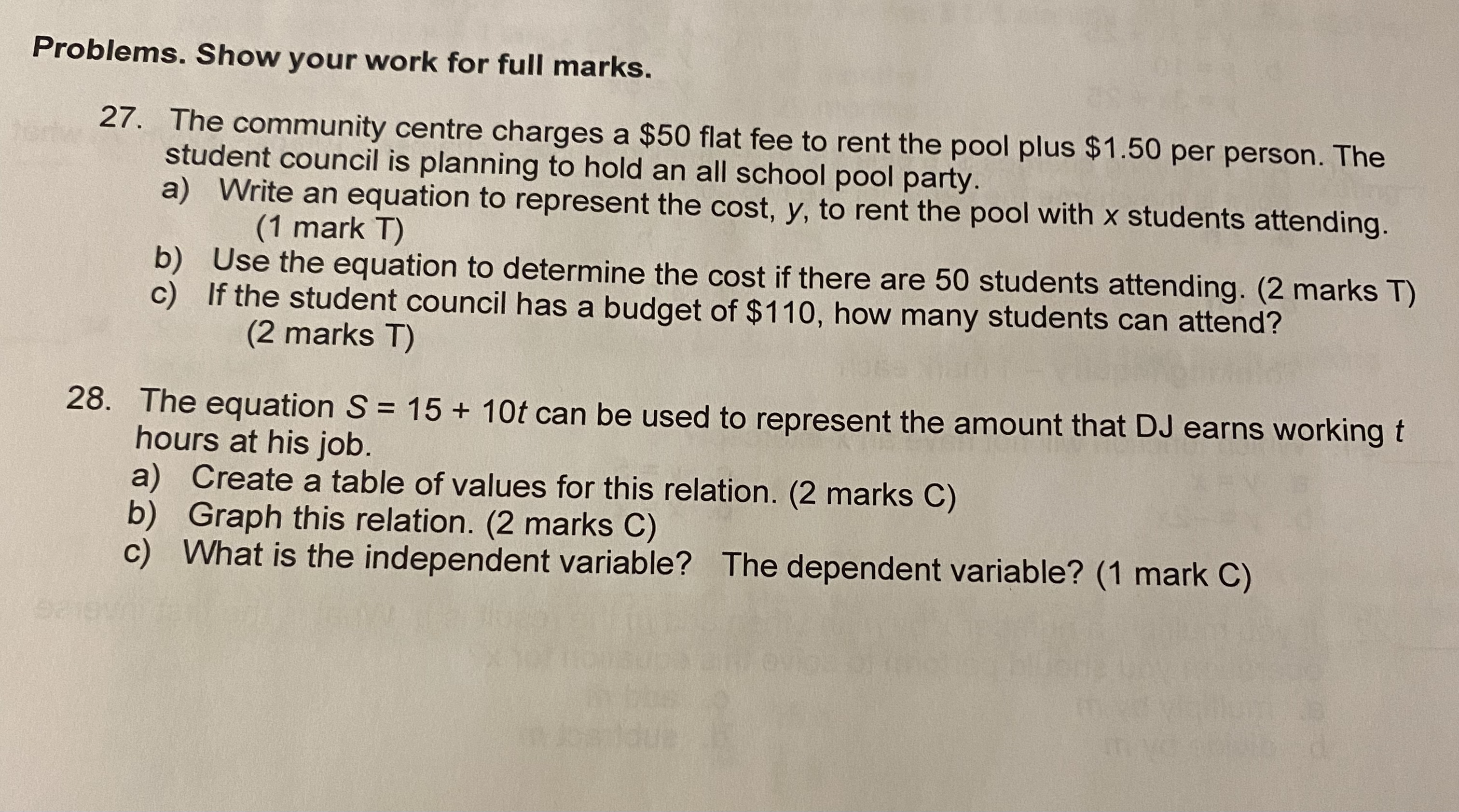 Problems. Show your work for full marks. 27. The