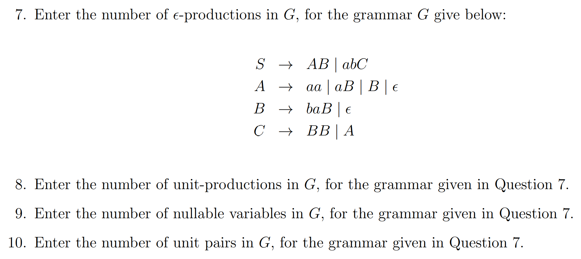 7. Enter the number of 6productions in G, for the