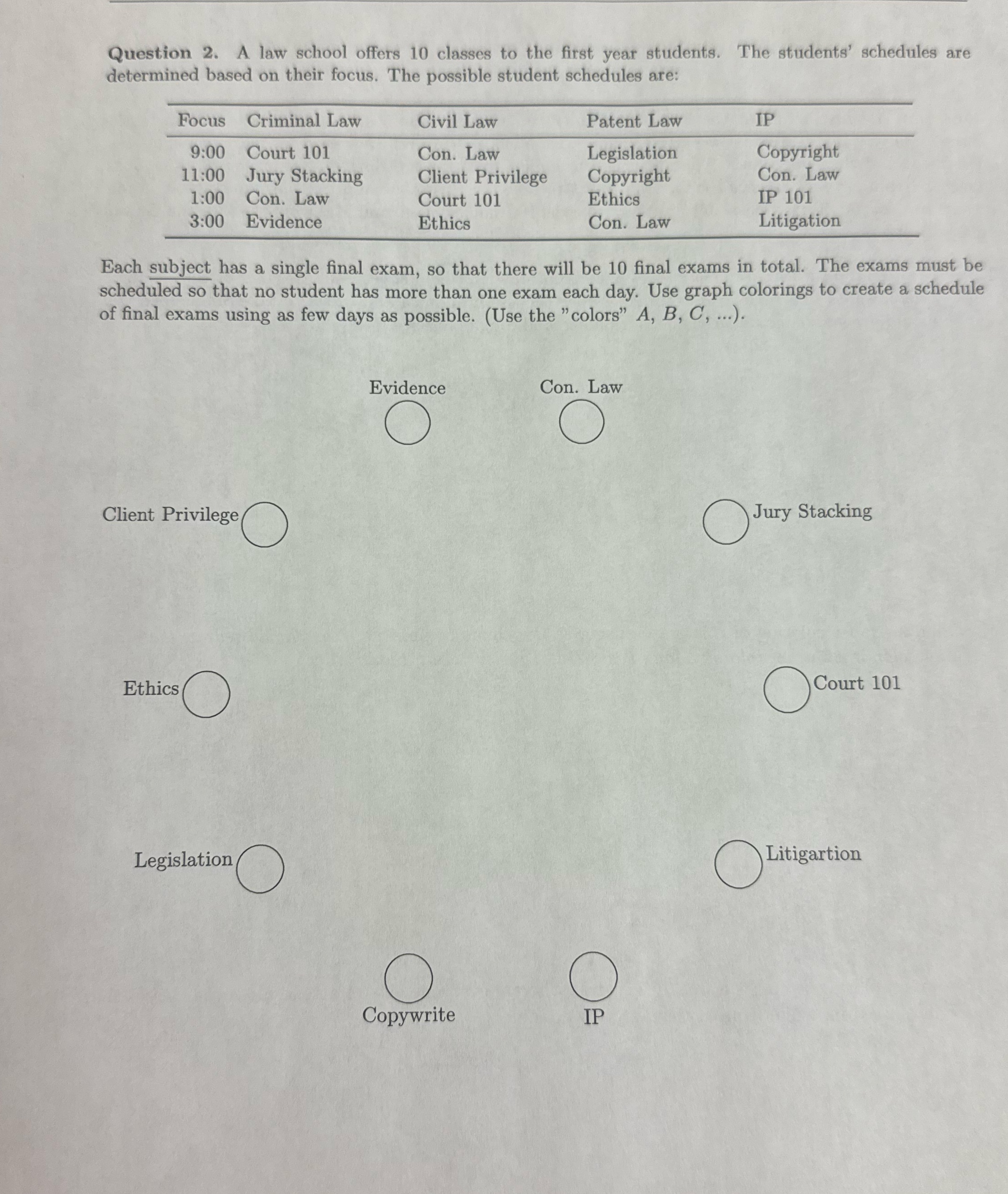 Question 2. A law school offers 10 classes to the