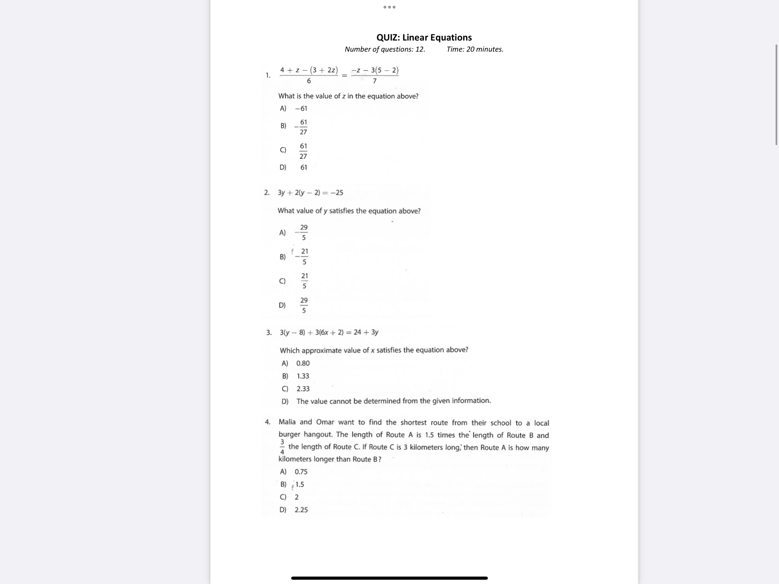 2 of 5 5. Line A passes through the coordinate