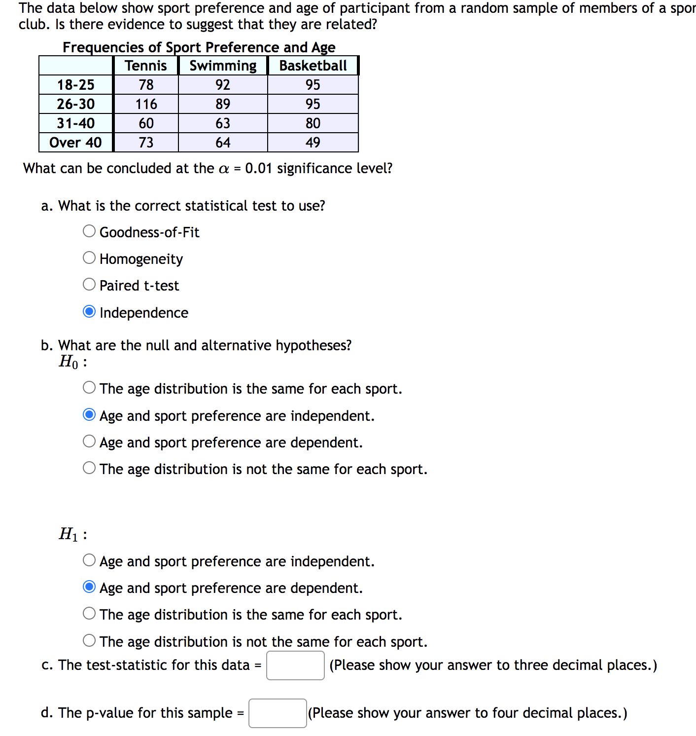 The data below show sport preference and age of
