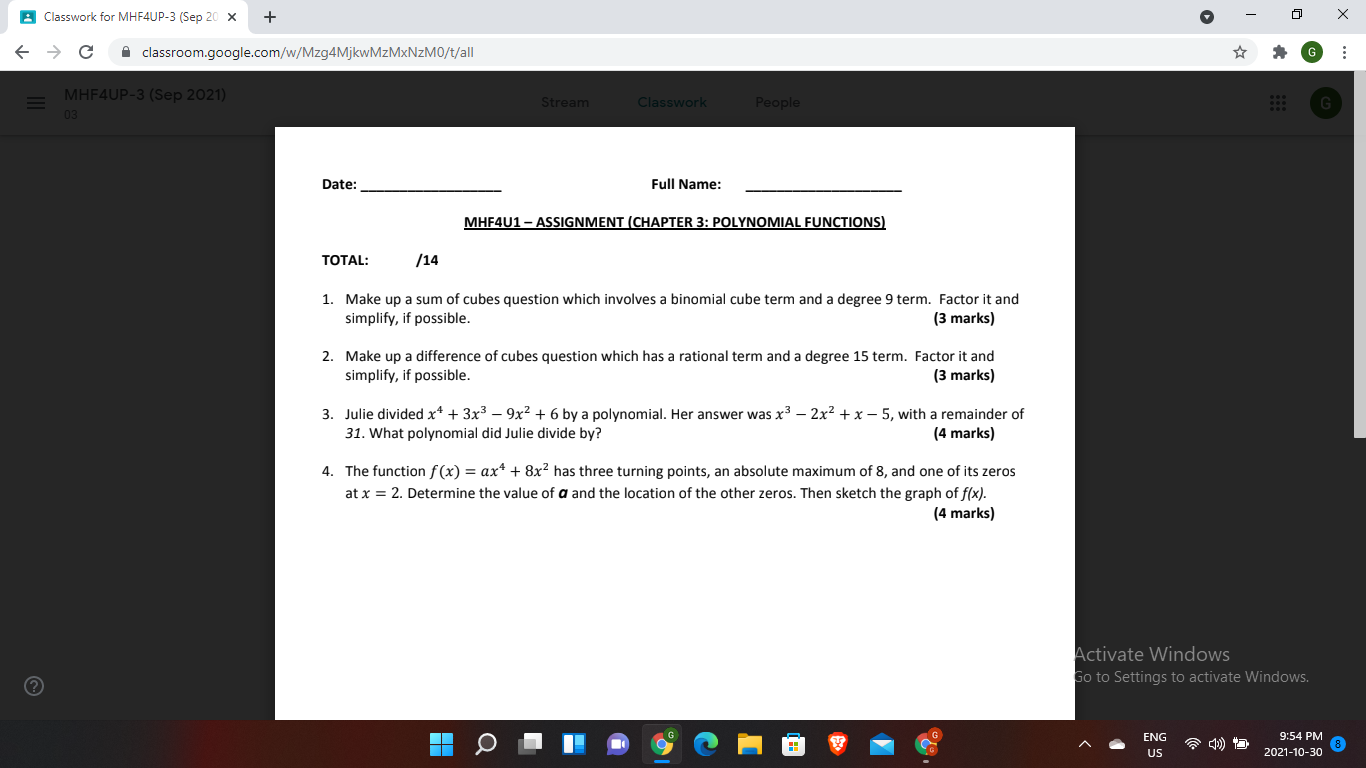Classwork for MHF4UP-3 (Sep 20 x + X - style=