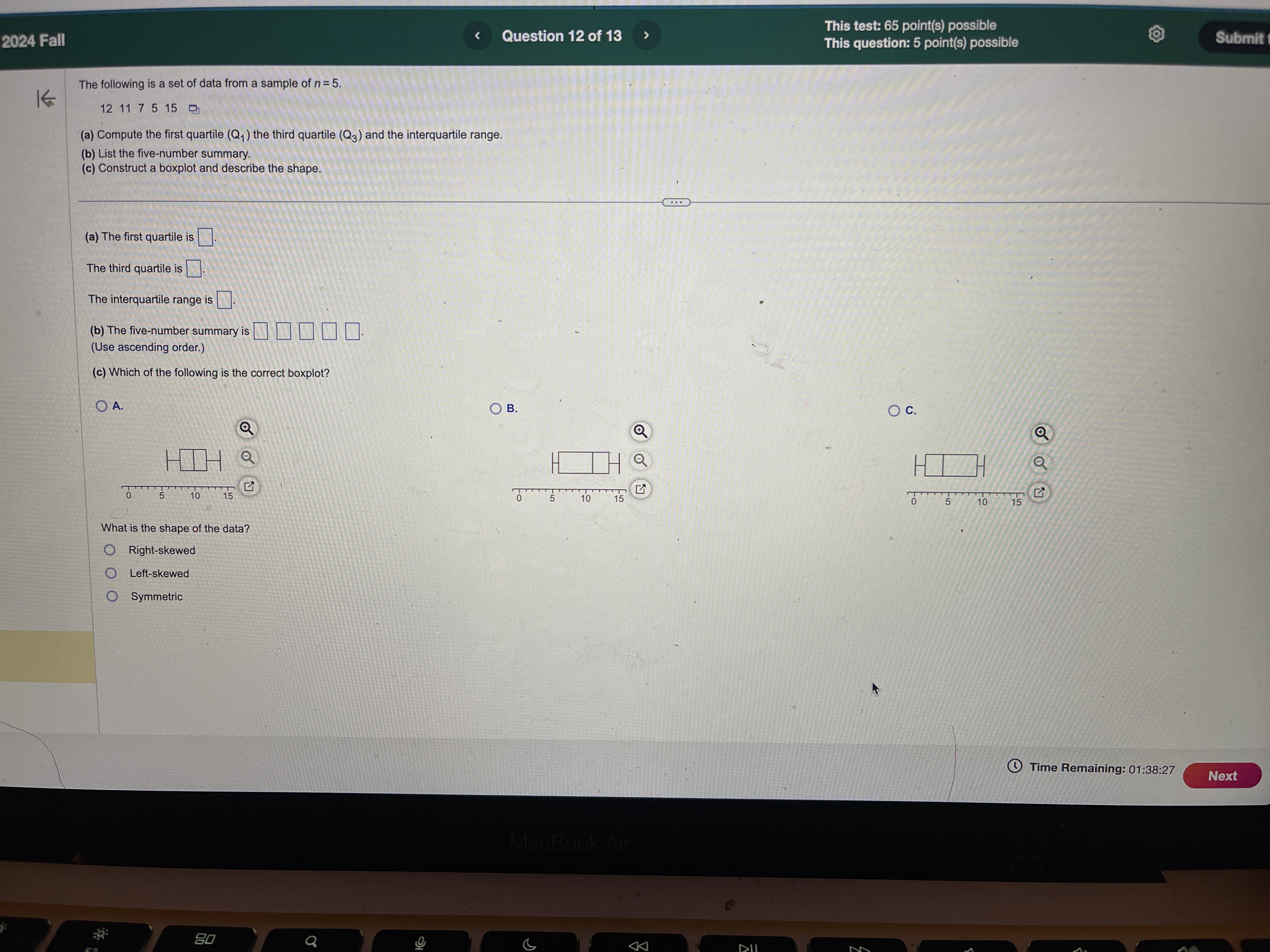 2024 Fall Question 12 of 13 This test: 65