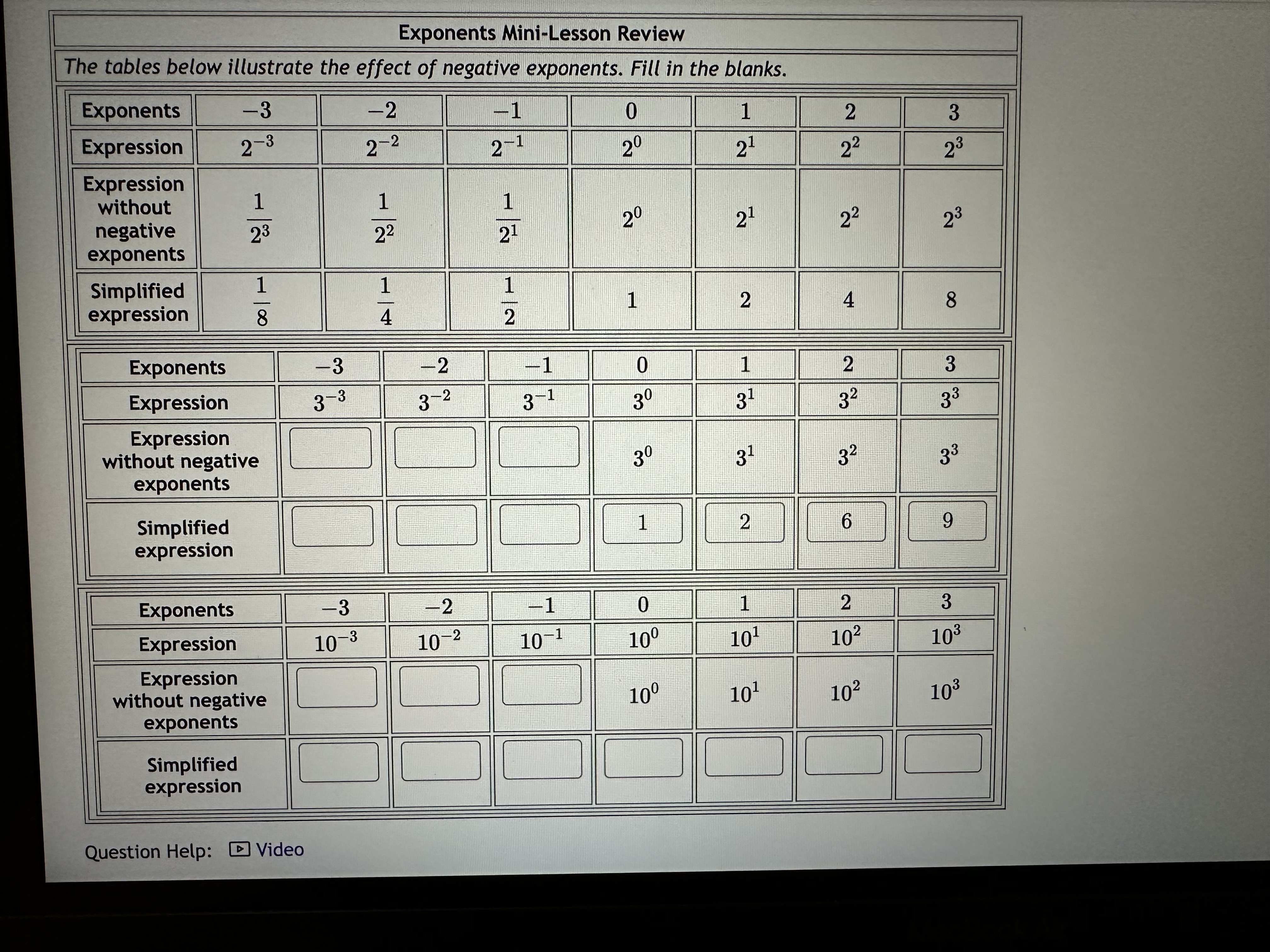 Exponents Mini-Lesson Review The tables below