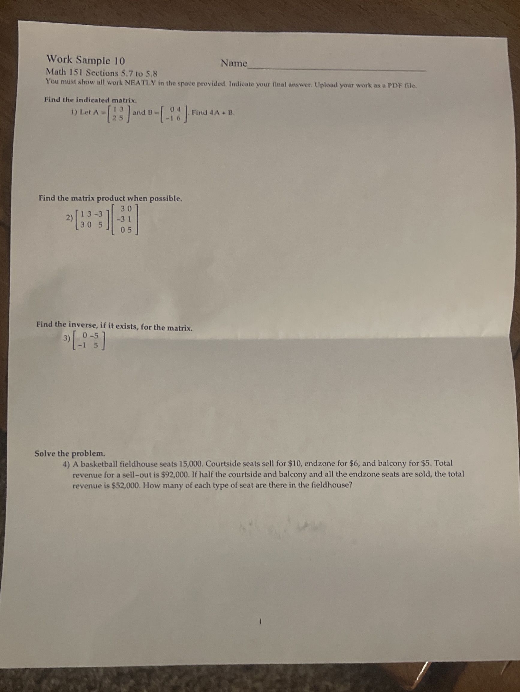 Work Sample 10 Name Math 151 Sections 5.7 to 5.8