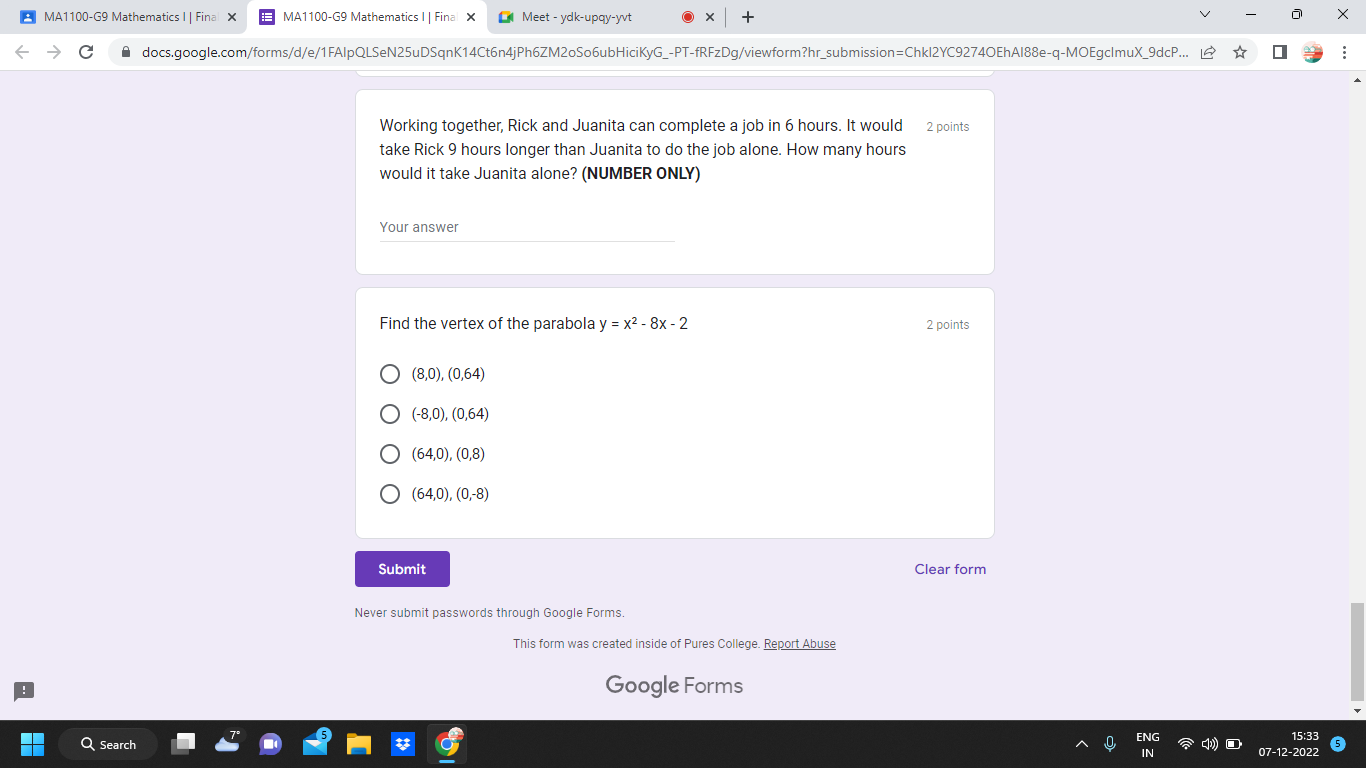 MA1100-G9 Mathematics | | Final X MA1100-G9