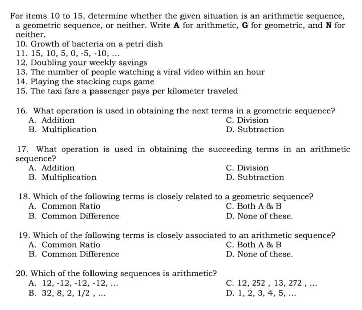 For items 10 to 15, determine whether the given
