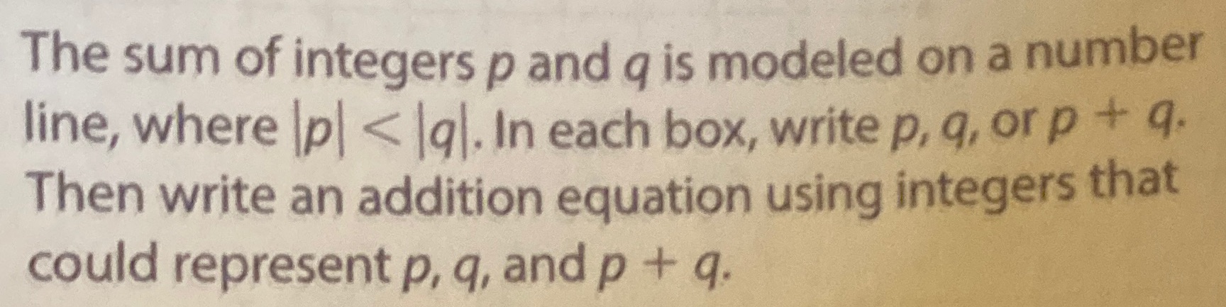 The sum of integers p and q is modeled on a