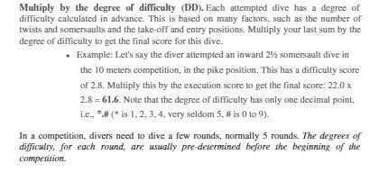Multiply by the degree of difficulty (DD). Each