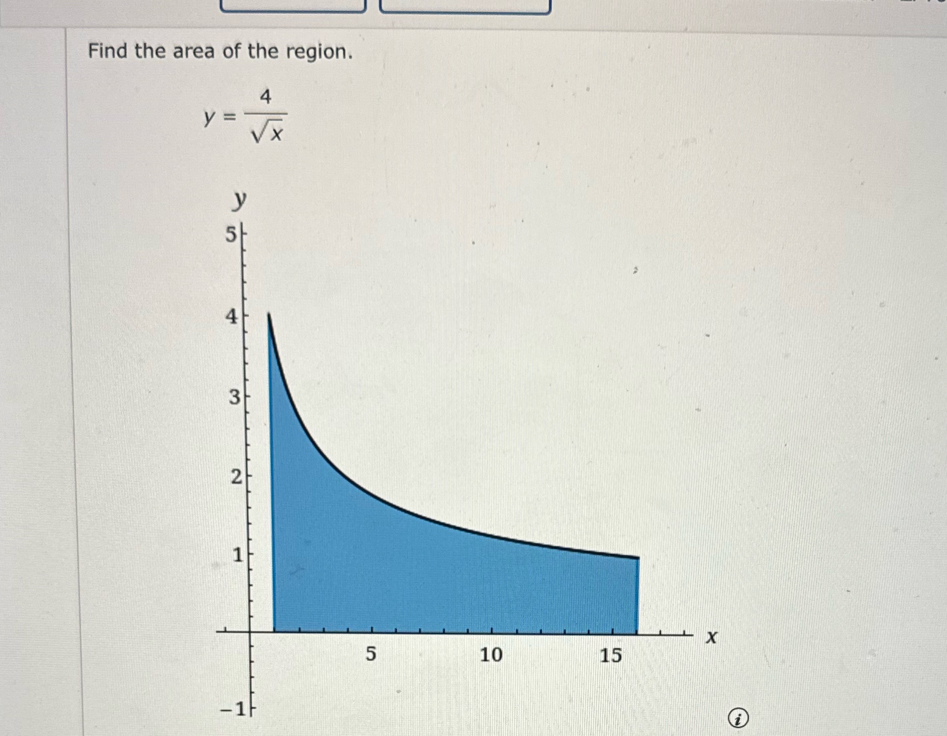 Find the area of the region. 4 y = VX 5/ W 2- 1 5