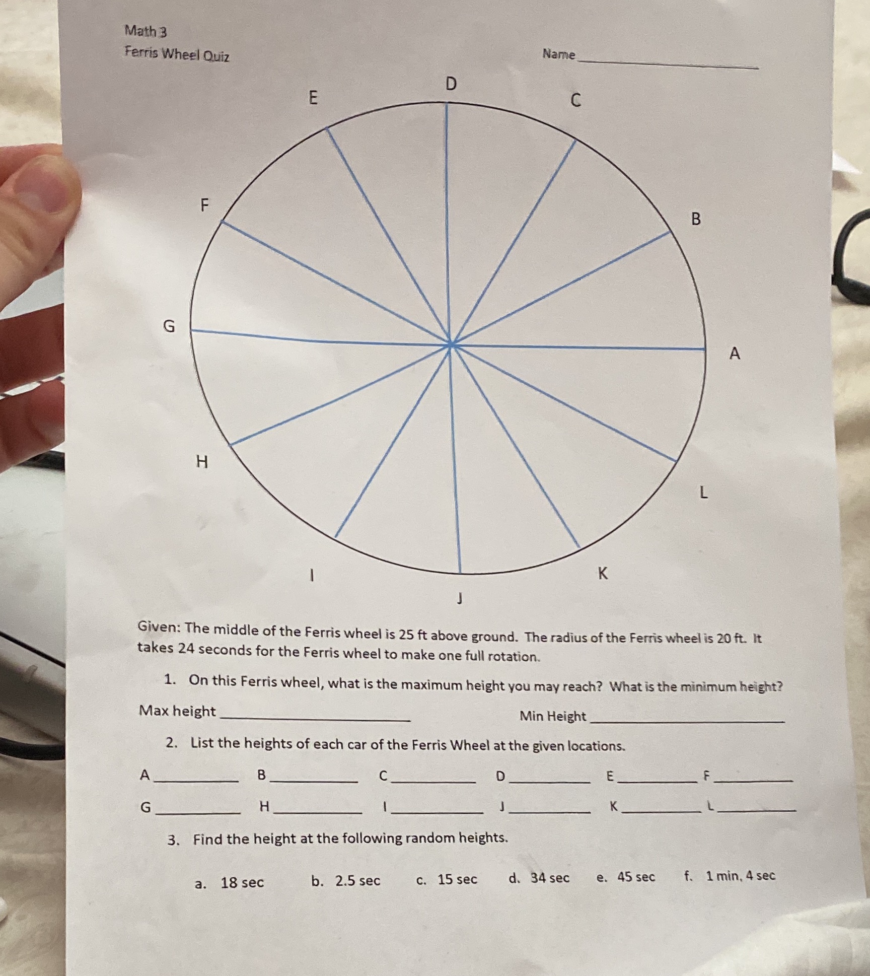 Math 3 Ferris Wheel Quiz Name D E C F B G A H K