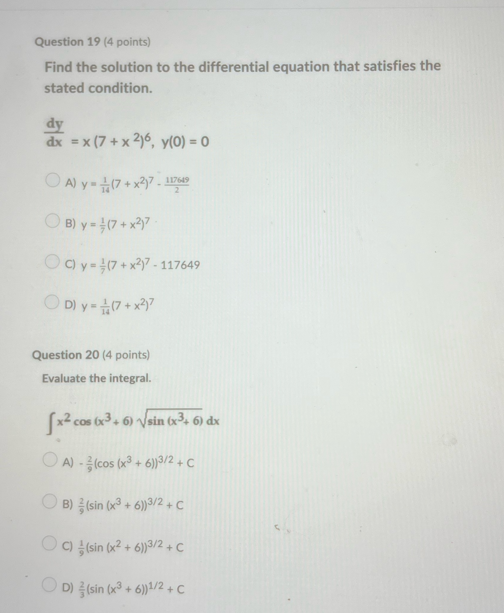 Q19 q20 Question 19 (4 points) Find the solution