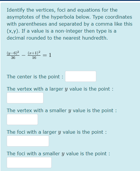 Identify the vertices, foci and equations for the