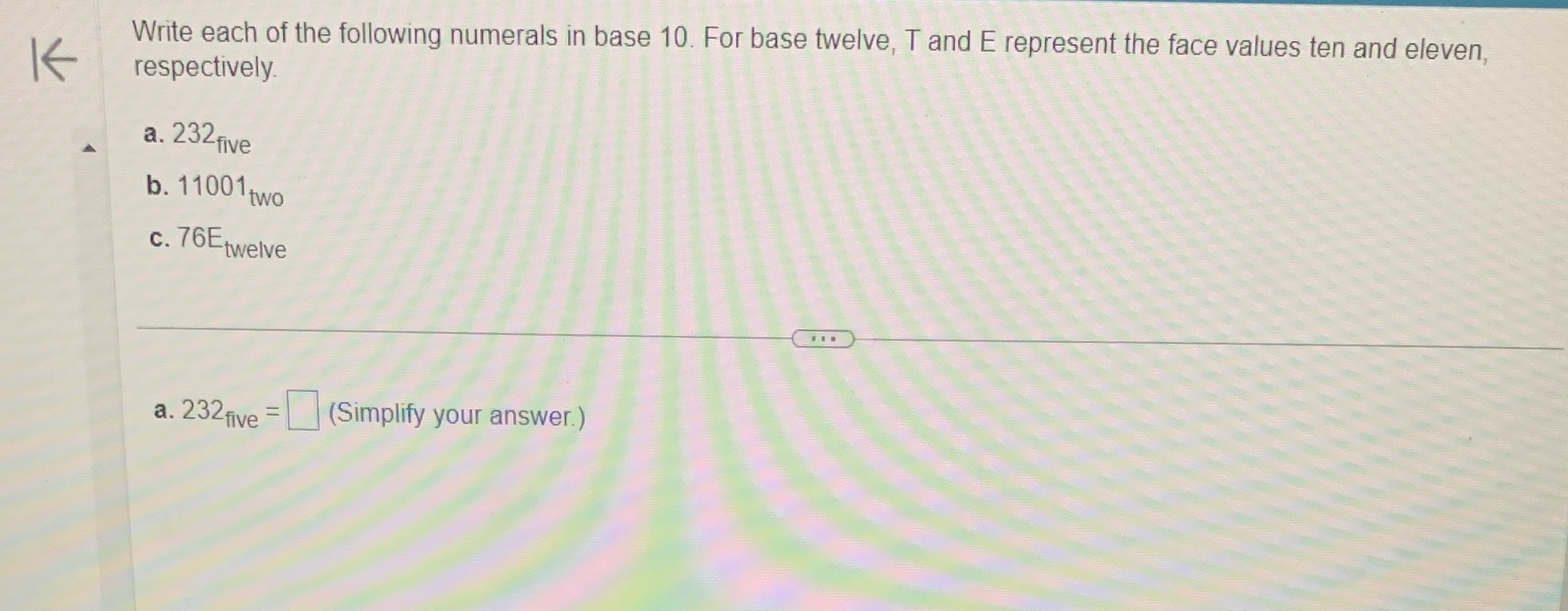 Write each of the following numerals in base 10.