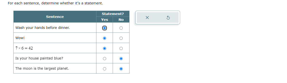 For each sentence, determine whether it's a