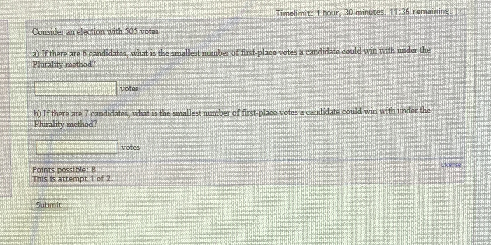 Timelimit: 1 hour, 30 minutes. 11:36 remaining.