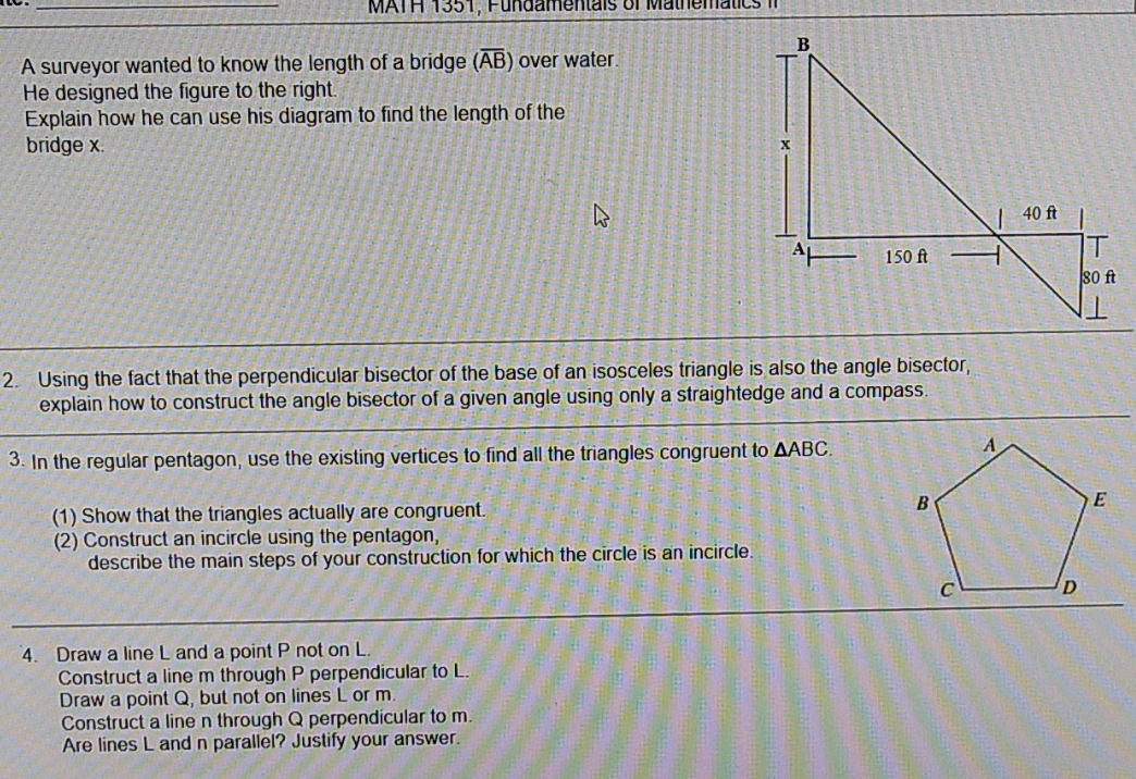 must show work pls. MATH 1351, Fundamentals Of