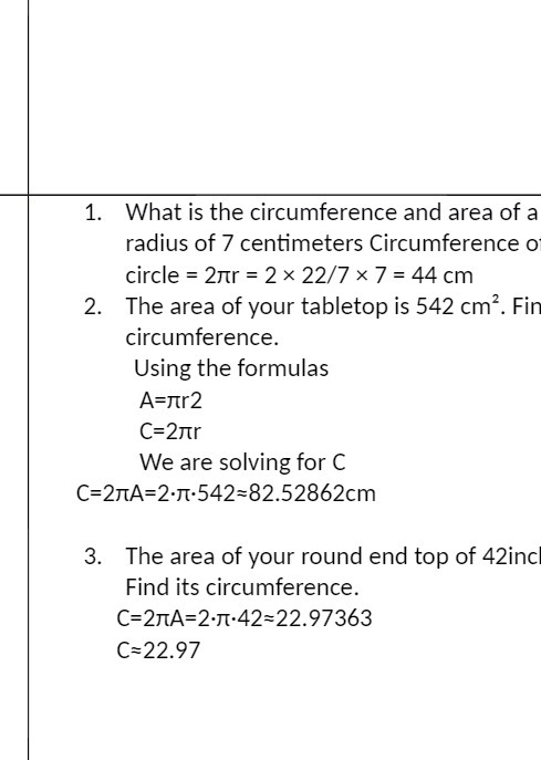 1. What is the circumference and area of a radius
