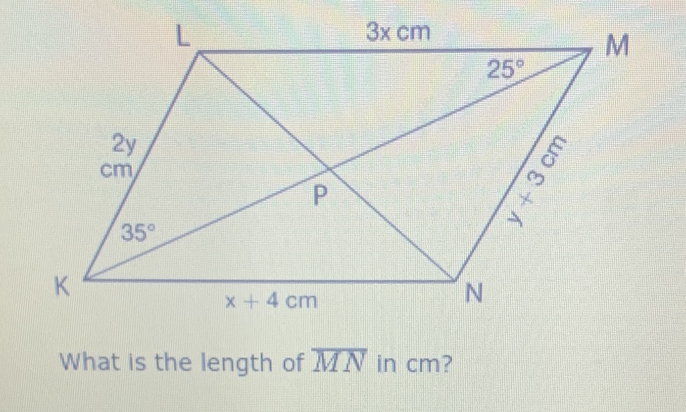 3x cm M 259 2y cm y + 3 cm 35 K x + 4 cm N What