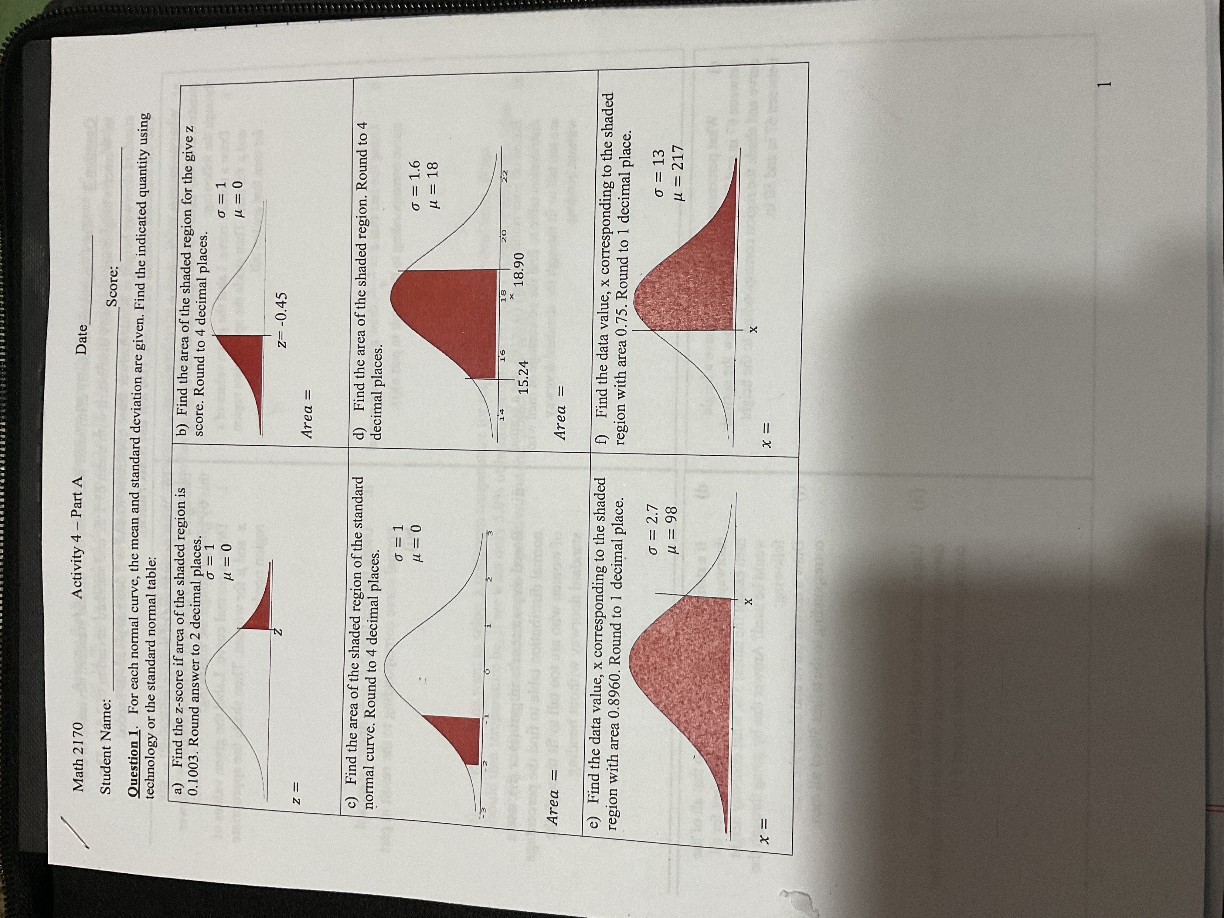Math 2170 Activity 4 - Part A Date Student Name: