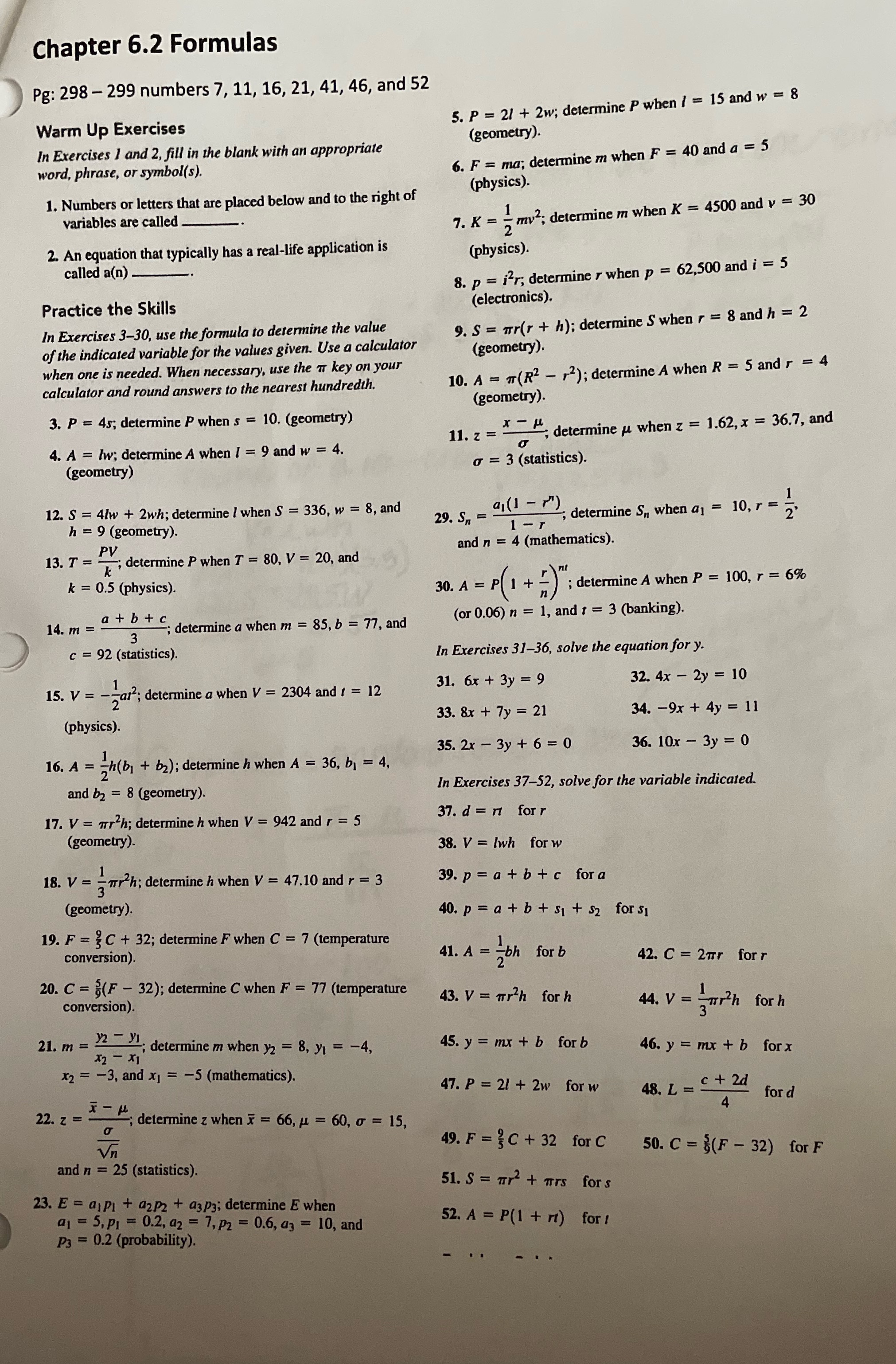 Chapter 6.2 Formulas Pg: 298 - 299 numbers 7, 11,