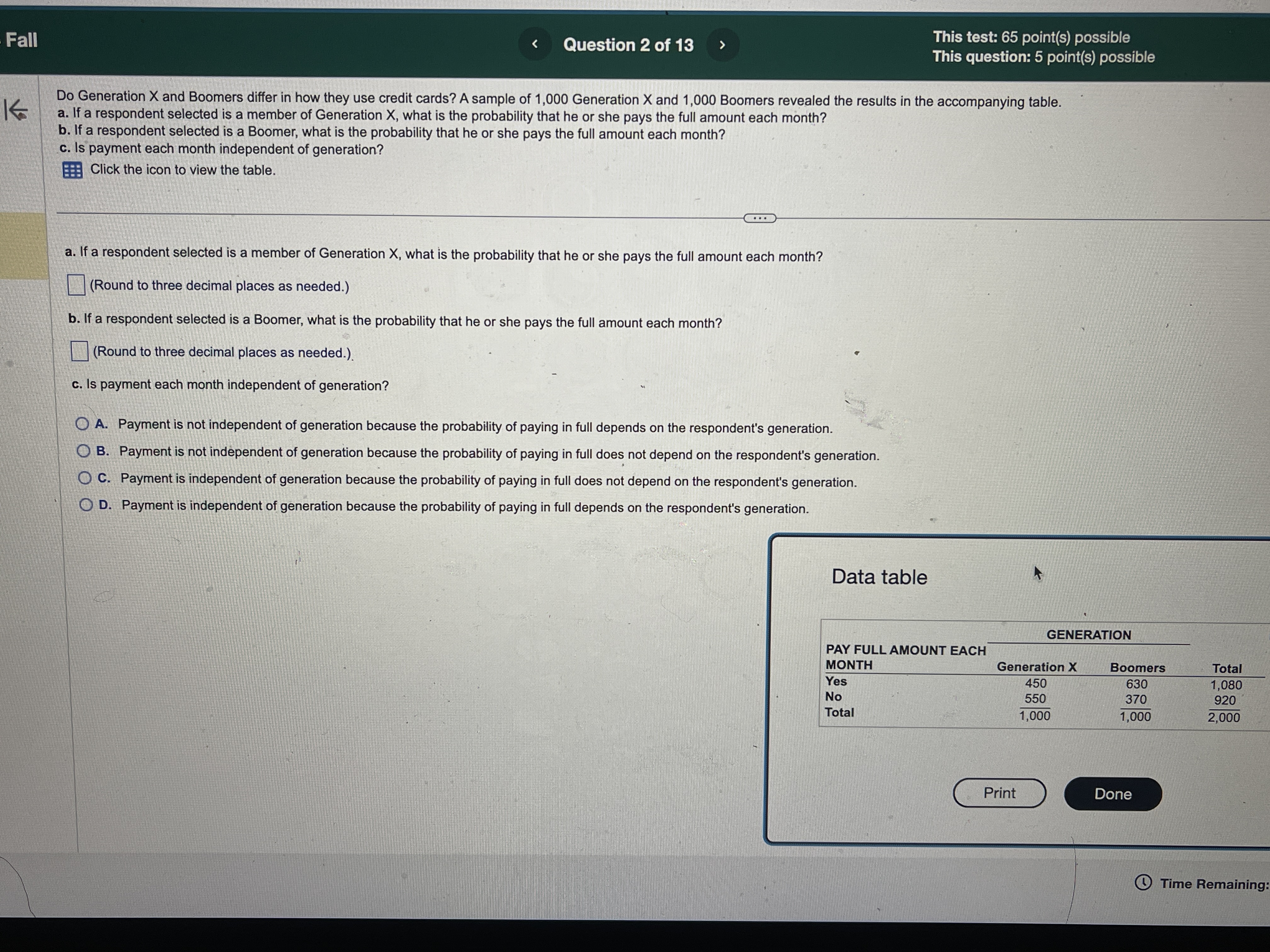 Fall Question 2 of 13 This test: 65 point(s)