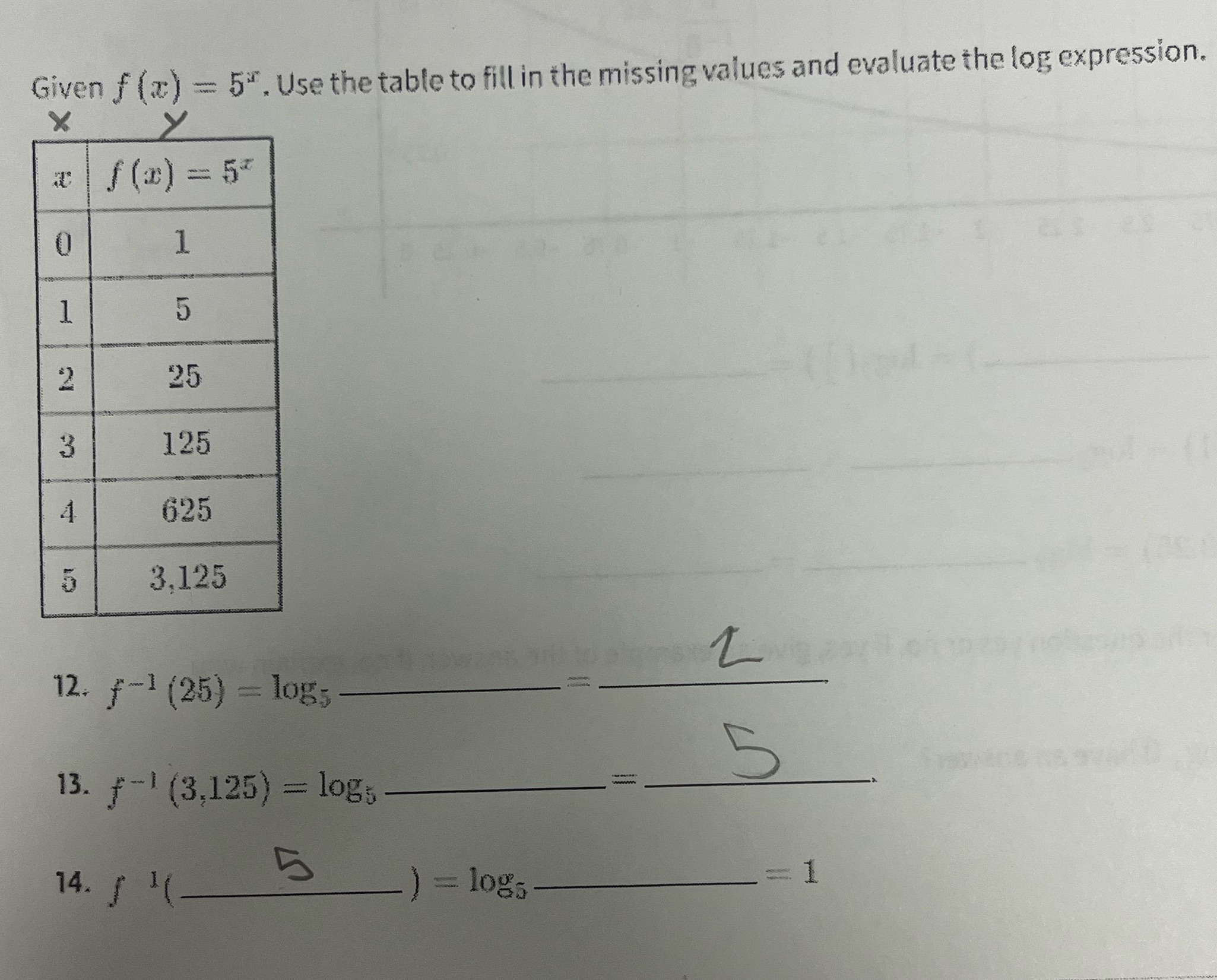 Need help Given f (x) = 5". Use the table to fill