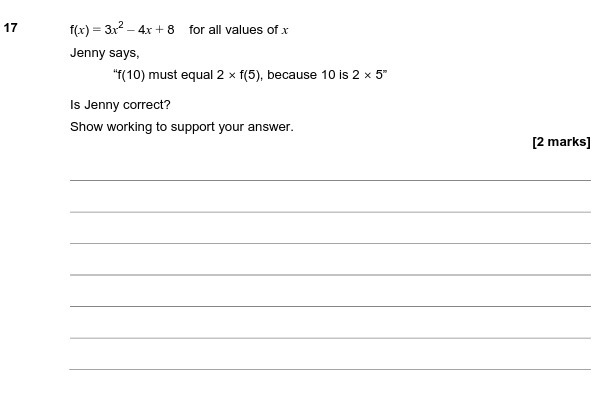 17 f(x) = 3x -4x + 8 for all values of x Jenny