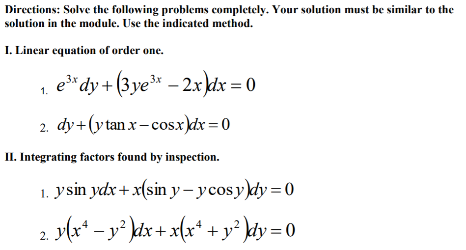 DIFFERENTIAL EQUATION: Directions: Solve the