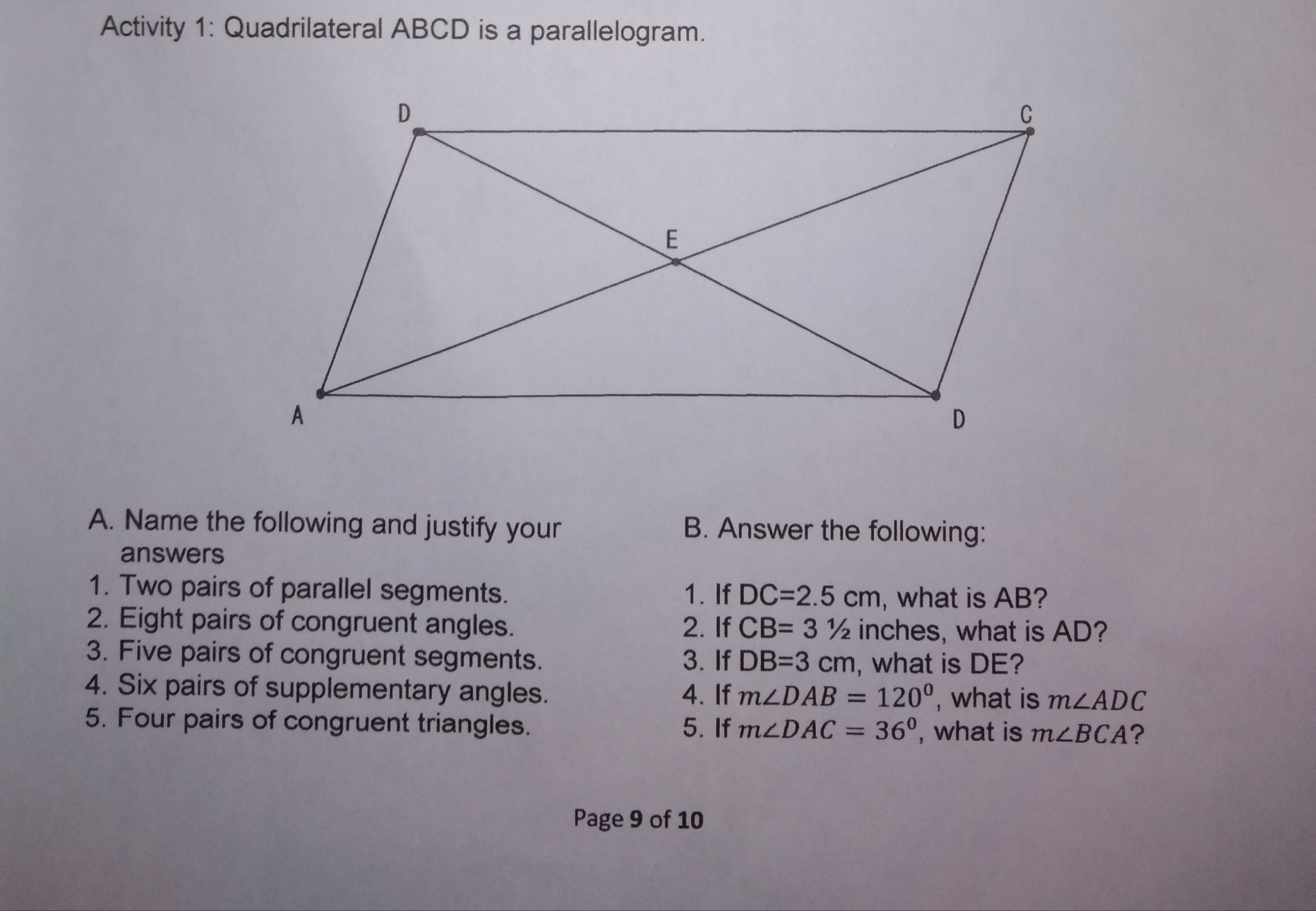 GRADE-9 MATHEMATICS Activity 1: Quadrilateral